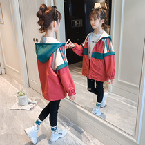 Girls wear two-sided coat 2021 autumn new childrens foreign style Fashion Net Red Girl long spring and autumn windbreaker