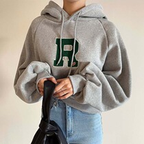 Urban sexy beauty Korea chic autumn and winter lazy wind loose Joker letter patch plus velvet thick drawstring