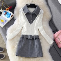 Early Autumn New Korean shirt collar fake two pieces plus velvet lace dress slim size stitching woolen hip skirt