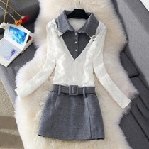 2021 New early autumn Korean version of woolen dress women plus velvet lace fake two shirt collar collar skirt tide