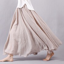 Cotton and linen skirt Womens Spring and Autumn Mid-length literary and ethnic style linen skirt large size Hanfu big dress A- shaped dress