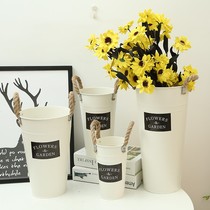 Han Style White Hemp Rope Iron Sheet Flower Barrel Floral Flower Shop Decorated Flowers Dry Flower Nordic Style Wakening Barrel Retro Flower tube