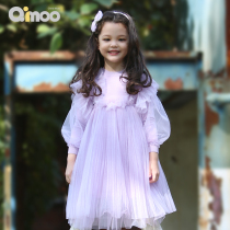 Qimoo childrens clothing 21 new girls comfortable and sweet design wool woven mesh long sleeve princess dress