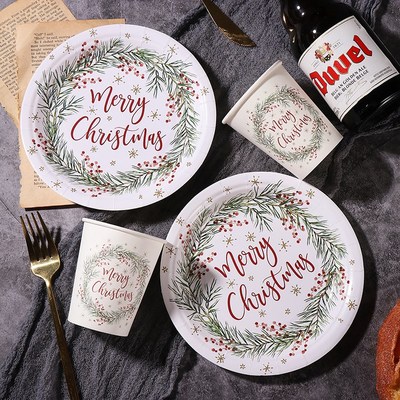taobao agent Christmas party environmental degradation disposable dining table supplies Christmas paper cup paperboard paper towel straw tablecloth set