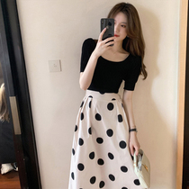 Polka dot skirt suit Womens summer fashion Western style mid-length Hepburn style dress a-line skirt two-piece set