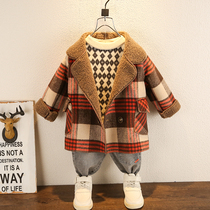 Boys woolen coat spring and autumn childrens autumn and winter clothes plus velvet childrens fur one baby plaid woolen coat