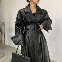 Waist lace-up black long handsome leather coat coat female Hepburn style cool fried street warm coat New