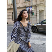 French retro Hong Kong wind pullover long sleeve plaid dress early autumn new female Korean loose slim fashion dress