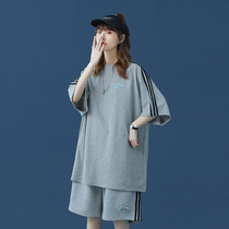 Sports suit womens summer thin three-bar short-sleeved shorts salt department age reduction thin large size fat mm two-piece set tide