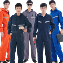 Pure cotton hooded one-piece overalls mens and womens one-piece reflective strip spray paint large size machine repair labor protection dust-proof one-piece clothing
