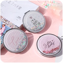Cute hand-held small portable clamshell folding makeup mirror Girl heart student quicksand double-sided magnifying glass