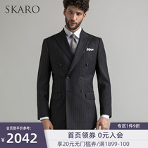 (High count Australian texture pure wool)SKARO suit suit Mens double breasted ratchet collar striped suit