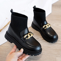 Girls leather shoes Spring and autumn childrens high-top socks shoes little girl Martin Boots Black British wind soft soles
