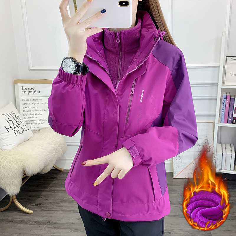 女性のための紫色のジャケットジャケット 2024 年冬新しいベルベットの厚みのあるスリーインワンの取り外し可能なフリースジャケット、中年および高齢者向け