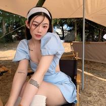 Student Jiao Han milk gas sweetheart~Korean square collar bubble sleeve openwork lace-up dress halter niche design skirt