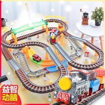 Rail car toy track gliding children train with roller coaster city parking lot building 3-year-old boys