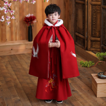 Boys Hanfu childrens cloak thickened Chinese style winter plus velvet young mens clothing winter red cloak costume boy