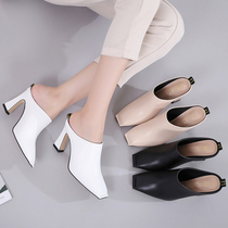 High-heeled slippers women wear 2021 new spring and autumn fashion Joker half slippers thick heel square head Muller shoes