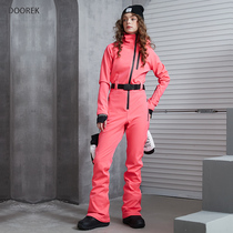 doorek new double board veneer one-piece ski suit women slim legs long professional ski pants waterproof and breathable