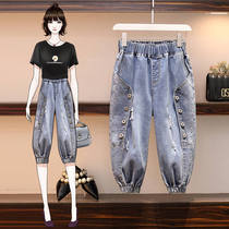 Large size three-point pants womens summer thin jeans elastic high-waisted Haroon pants Fat mm200 catty loose leg pants
