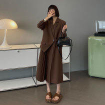 European goods premium café color fake two long suit dress womens 2022 early fall new design sense niche