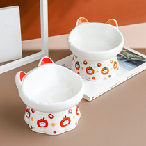 Cat bowls double bowl ceramic high foot anti-roll dog food basin protection cervical spine rice basin dog bowls kittens drink water and grain bowls supplies