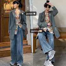 (Three-piece set) loose Lazy suit retro floral shirt high-waisted jeans female student spring and autumn suit