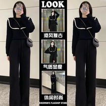 2021 autumn and winter women's clothing foreign style age reduction slimming suit fat mm with temperament fashion sweater wide leg pants two-piece set