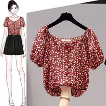 Korea chiffon shirt womens 2021 new summer red top one-line collar belly wave dot floral short-sleeved t-shirt