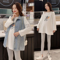Gestational Woman Dress T-shirt Pure Cotton Fashion Subsection 2021 Spring Autumn Loaded Loose Long Sleeves T-shirt Blouses Undershirt Korean Version Gestation Maternity Dress