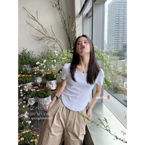 Guo 99 How to fix a T-shirt female short section Lean Square Collar Design Sensation Summer BM Wind 100 lap top pure cotton t-shirt