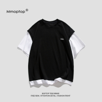 MMOPTOP2021 short-sleeved T-shirt mens fake two-piece summer waffle college style casual loose port wind top