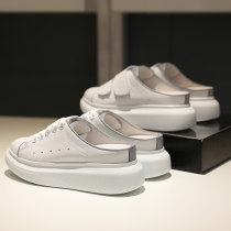 Hong Kong IT leather Baotou half slippers women wear 2021 summer new lazy net red thick-soled white shoes