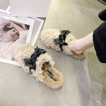 Mao Mao slippers women winter wear 2021 New Lamb hair Bean shoes plus velvet flat bow cotton laddy shoes tide