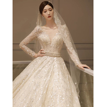 Autumn and winter starry main wedding dress long sleeve 2021 new bride temperament court style French heavy work big tailing luxury