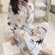 Cotton pajamas womens autumn and winter Korean long sleeve cartoon loose size cute home clothes two-piece set can be worn outside