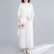 Large-yard womens summer gas reduction age new Chinese style cotton cotton suit female fashion blouse legs two sets