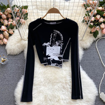 Gangfeng short coat womens design sense niche line irregular slim Joker print long sleeve T-shirt womens autumn clothes