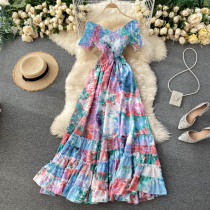 Heart machine cross elastic slim long design sense tie dyed print goddess fan big pendulum dress holiday dress