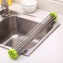 Multifunctional foldable kitchen sink drain basket Roller curtain pool drain rack Insulation water filter stainless steel round tube
