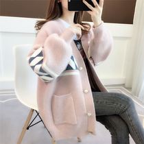 Pregnant women sweater cardigan coat autumn and winter wear fashion large size thick mink velvet belly Net red Foreign Air top