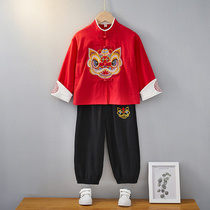 Tang suit boys spring and autumn children Chinese style Hanfu suit baby one year old week dress cotton linen retro costume