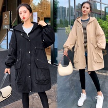  Pregnant womens coat spring and autumn belly cover loose plus size Korean windbreaker autumn and winter hooded casual pregnant womens autumn coat female