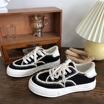 2021 Autumn New dissolved shoes female niche design thick-soled black canvas shoes retro casual board shoes