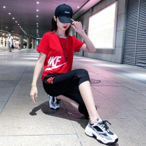 Casual Sports Suit Lady Pure Cotton Short Sleeves Two Sets 2021 Summer Loose Yoga Suit Big Code Seven Pants