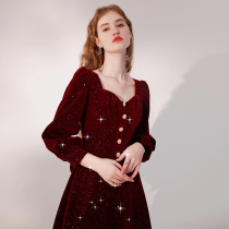 Long sleeve toast bride winter engagement autumn winter dress autumn wine red back velvet dress