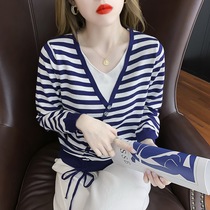 Korean version 2021 autumn V-neck fake two slim striped oblique buckle slim knit sweater lace long sleeve top female