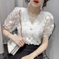 2021 summer new Korean V-neck wild hook flower hollow lace shirt three-dimensional sexy solid color short-sleeved top women