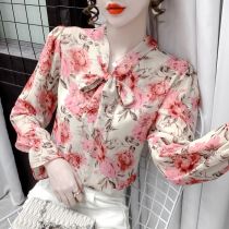 Romantic French floral chiffon shirt 2021 Autumn New loose bubble long sleeve V-neck bow shirt Women
