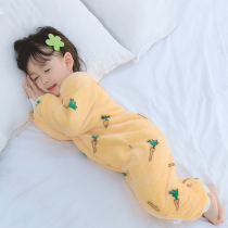 Childrens conjoined pajamas baby autumn and winter plus velvet padded flannel home clothing coral velvet baby kick-proof sleeping bag